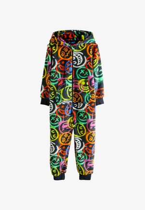 Fleece jump suit med sort bund prydet med farverige smiley ansigt mønstre i neonlys. Inkluderer hætte og manchetter ved ærmer og ankler.
