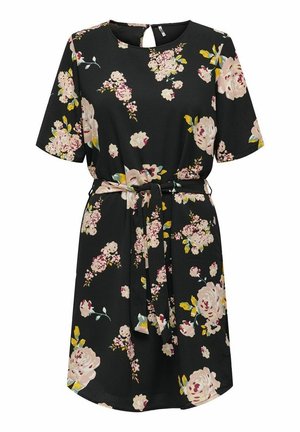 Sort kortærmet kjole med pink og gule blomsterprint, rund halsudskæring og et matchende stofbælte bundet om taljen.