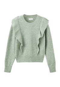 Svetlo zeleni pulover iz mehkega materiala, ki ima teksturiran volan ob levem rami in krajši rob z rebrastimi manšeti.