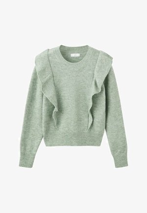 Lichtgroene trui van zacht materiaal met een getextureerde rafel langs de linkerschouder en een cropped zoom met ribgebreide manchetten.