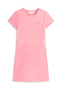Ροζ casual φόρεμα με κοντά μανίκια, στρογγυλή λαιμόκοψη, μικρό λογότυπο Tommy Hilfiger στο στήθος και ταιριαστή ζώνη μέσης με ανάγλυφο λογότυπο.