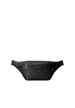 Sort præget læder Calvin Klein bæltetaske med diagonalt mønster, frontlomme med lynlås og justerbar rem med spænde.