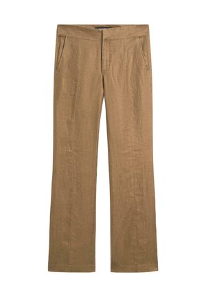 Braune Leinenhosen mit gerade geschnittenem Bein, ausgestattet mit Vordertaschen und einem klaren Bund für einen einfachen, klassischen Look.