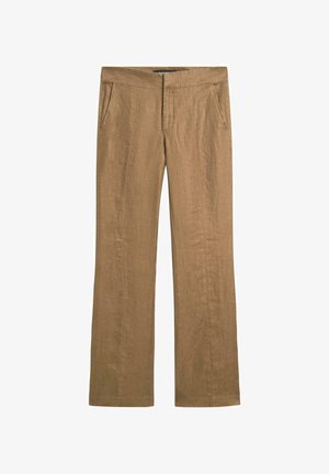 Hnědé lněné kalhoty s rovnými nohavicemi, vybavené předními kapsami a čistým pasem pro jednoduchý, klasický vzhled.