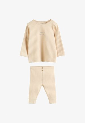Haut bébé beige à manches longues côtelé avec texte "hello world." et pantalon assorti côtelé avec détails de boutons à la taille.