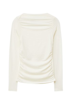 Long-sleeve top in cream with gathered texture on the back, featuring a rounded neckline and smooth fabric. No visible hardware or patterns.