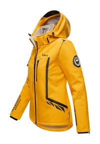 Bright yellow jacket with a sleek design, featuring black accents, zippered pockets, and a lined hood for warmth and protection.