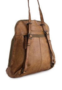 Brown leather bag with dual shoulder straps, zip closure, and textured surface. Features multiple pockets and stitching details.