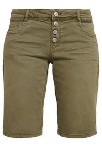 Olivenfärbade Jeansshorts mit geradem Schnitt, fünf Knöpfen und dekorativen Nähten am Taillenbund. Weicher Stoff mit leichtem Glanz.