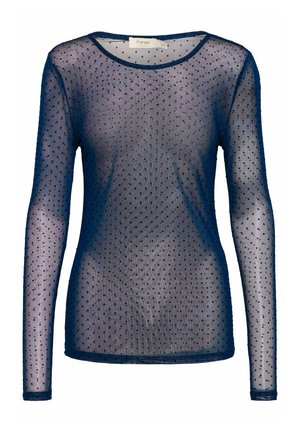 Blusa de manga larga en color navy, hecha de un tejido transparente con lunares negros distribuidos uniformemente. Cuenta con un escote redondeado y una silueta ajustada.
