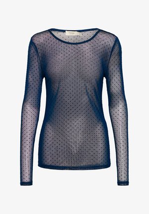 Blusa de manga larga en color navy, hecha de un tejido transparente con lunares negros distribuidos uniformemente. Cuenta con un escote redondeado y una silueta ajustada.