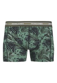 Groene boxershorts met een zwart tropisch bladpatroon. Voorzien van een elastische tailleband met "JACK & JONES" branding. Zachte stoftextuur.