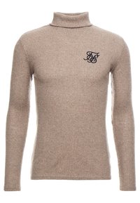 Beige gerippter Rollkragenpullover aus einem weichen Stoff. Verfügt über lange Ärmel und ein kleines schwarzes Logo in der Brustpartie.
