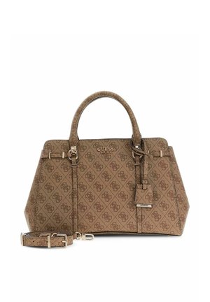 Sac à main marron Guess avec motif monogramme, doubles anses, bandoulière amovible et plaque logo en métal au centre avant.