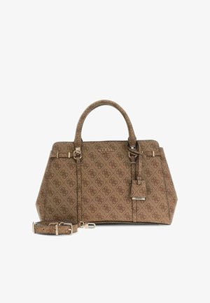 Borsa Guess marrone con motivo monogramma, doppi manici, tracolla rimovibile e targhetta con logo in metallo al centro nella parte anteriore.