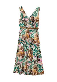 Blumenkleid mit V-Ausschnitt, mehrfarbigen Blattmustern, cremefarbener Basis und einem gewebten Gürtel, der die Taille betont.