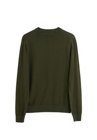 Mörkgrön, långärmad tröja gjord av mjukt stickat material. Har en rund halsringning, ribbade manschetter och nederkant, med en enkel design.