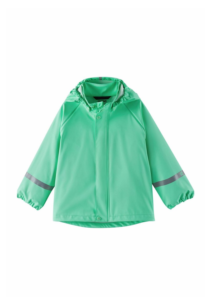 Παιδικό πράσινο αδιάβροχο μπουφάν με κουκούλα, εμπρόσθια κουμπιά και φερμουάρ, ελαστικές μανσέτες και ανακλαστικές ρίγες στα μανίκια.