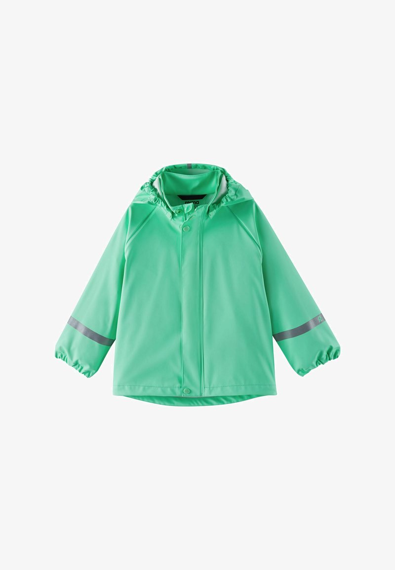 Παιδικό πράσινο αδιάβροχο μπουφάν με κουκούλα, εμπρόσθια κουμπιά και φερμουάρ, ελαστικές μανσέτες και ανακλαστικές ρίγες στα μανίκια.