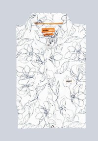 Weißes Hemd mit navyblauem floralen Umrissmuster, kurzen Ärmeln und einem Button-Down-Kragen. Verfügt über eine Brusttasche und ein Logo-Label.