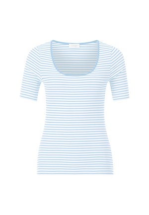 Blue and white striped t-shirt with short sleeves, featuring a wide scoop neckline and a fitted shape made from a ribbed fabric.