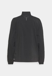 Veste noire à manches longues avec col haut, poignets élastiques et petit logo blanc près de l'ourlet inférieur, vue de dos.