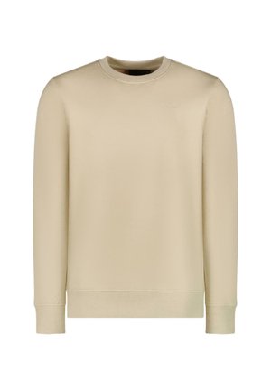 Beige sweatshirt met lange mouwen, ronde hals en geribde boorden. Subtiele branding aan de bovenste linkerzijde weergegeven.