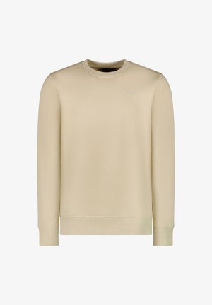 Beige sweatshirt met lange mouwen, ronde hals en geribde boorden. Subtiele branding aan de bovenste linkerzijde weergegeven.