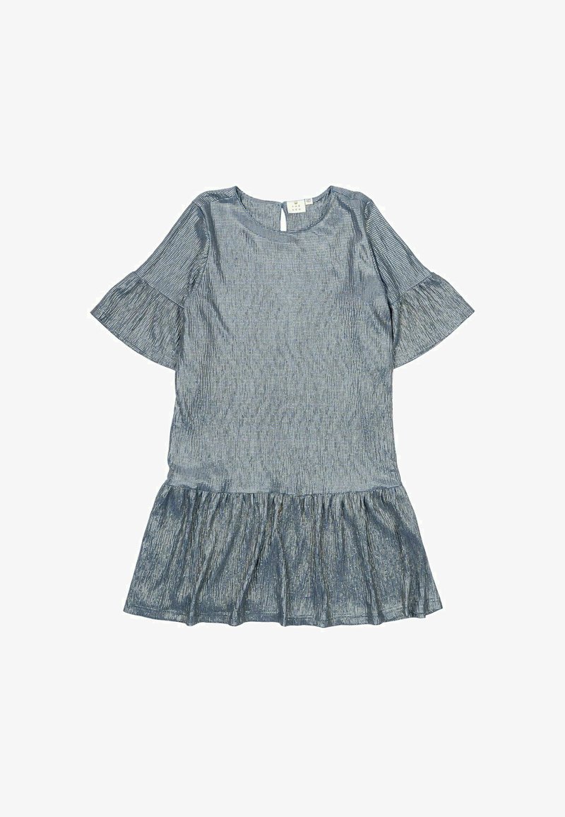 Modrá textúrovaná šaty s krátkymi volánovými rukávmi, okrúhlym výstrihom a rozšíreným lemom. Tkanina má jemný lesk. Žiadny viditeľný hardvér ani vzory.