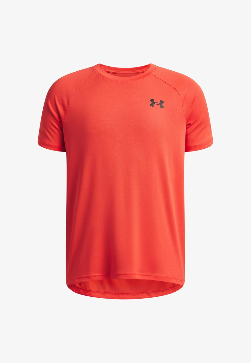 Červené sportovní tričko z lehké tkaniny. Krátké rukávy s kulatým výstřihem. Na přední levé straně je malý černý logo.