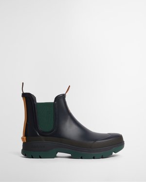 Botte en caoutchouc noire montant à la cheville avec panneaux latéraux élastiques verts, semelle verte épaisse et languettes marron au talon et à l'avant.