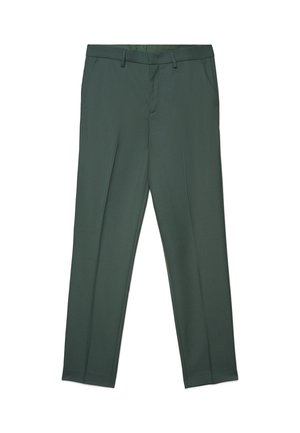 Dark green tailored trousers with belt loops, front side pockets, and front creases, displayed on a white background.