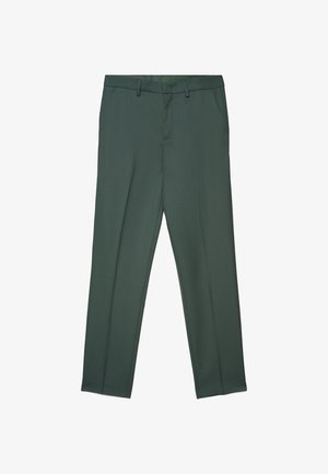 Dark green tailored trousers with belt loops, front side pockets, and front creases, displayed on a white background.