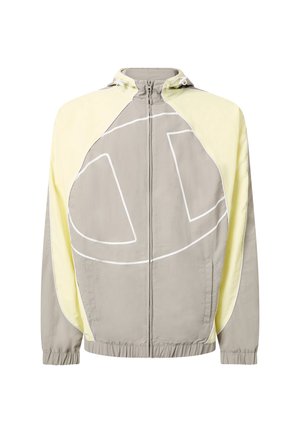Chaqueta con capucha y cremallera en gris claro, con paneles en amarillo pálido en las mangas, diseño de líneas abstractas blancas en el frente y puños y dobladillo elásticos.