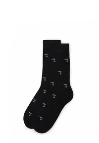 Schwarze Socken mit einem wiederholten Muster aus kleinen grünen und weißen Bohrillustrationen. Hergestellt aus einem weichen, dehnbaren Stoff für Komfort.