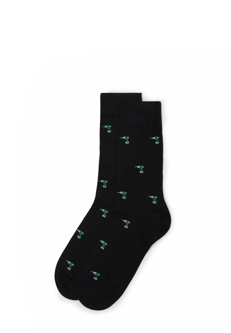 Schwarze Socken mit einem wiederholten Muster aus kleinen grünen und weißen Bohrillustrationen. Hergestellt aus einem weichen, dehnbaren Stoff für Komfort.