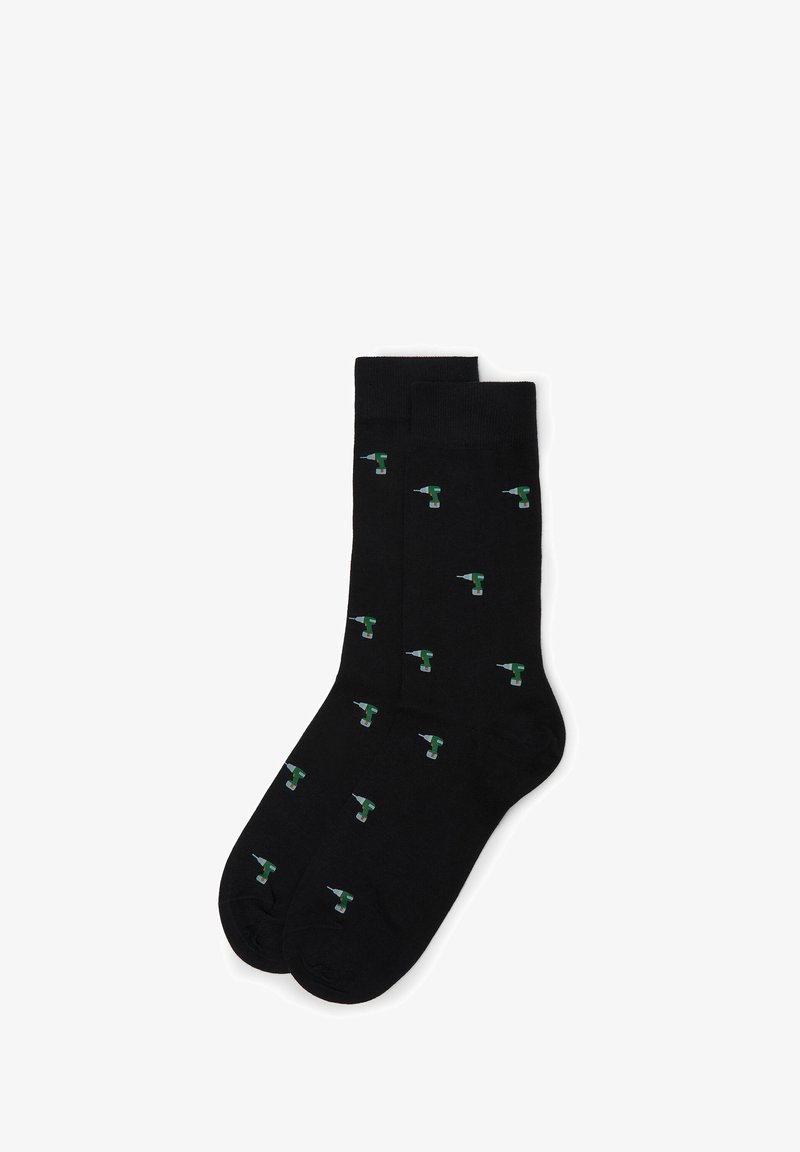 Schwarze Socken mit einem wiederholten Muster aus kleinen grünen und weißen Bohrillustrationen. Hergestellt aus einem weichen, dehnbaren Stoff für Komfort.