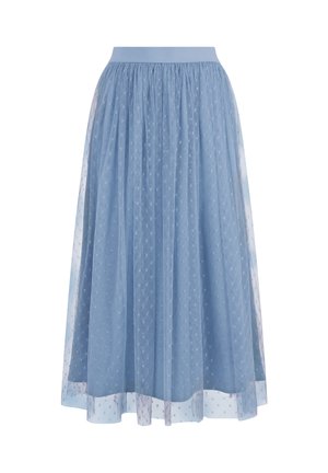 Hellblauer Midirock mit transparentem Tupfen-Overlay und gerafftem, elastischem Bund, fließendes und halbtransparentes Lagen-Design.