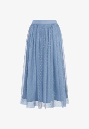 Falda midi azul claro con una capa semitransparente de lunares, cintura elástica fruncida, diseño fluido y de capas semitransparentes.