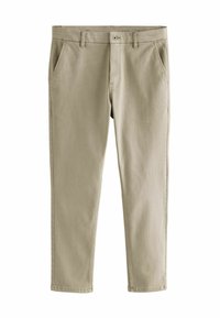 Bež slim-fit chinos hlače od pamuka, s dva prednja džepa, kopčanjem na dugme i glatkom teksturom. Bez vidljivih uzoraka ili akcenata.