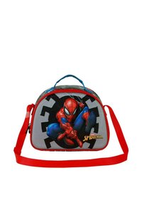 Sac à lunch gris avec des accents rouges et un graphique de Spider-Man. Présente une forme arrondie, une fermeture éclair, et une sangle amovible pour plus de commodité de transport.