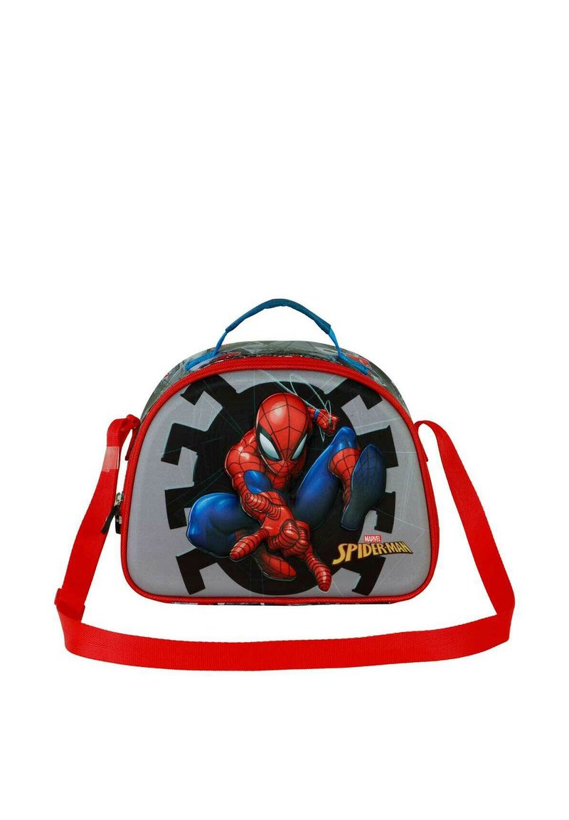 Sac à lunch gris avec des accents rouges et un graphique de Spider-Man. Présente une forme arrondie, une fermeture éclair, et une sangle amovible pour plus de commodité de transport.