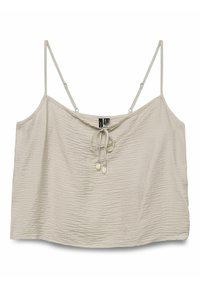 Korte, lichtbeige camisole van een textiel met een gewrikt, structuur. Voorzien van dunne verstelbare schouderbandjes en een strikdetail aan de voorkant met decoratieve kralen.