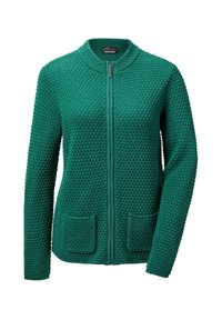 Grüne gestrickte Strickjacke mit einem strukturierten Muster, runder Halslinie, Reißverschluss vorne und zwei aufgesetzten Taschen vorne.