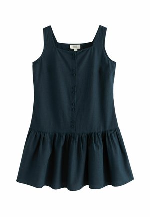Sleeveless navy dress with a button-down front and gathered skirt. Made of a soft textured fabric, featuring a flared hemline.