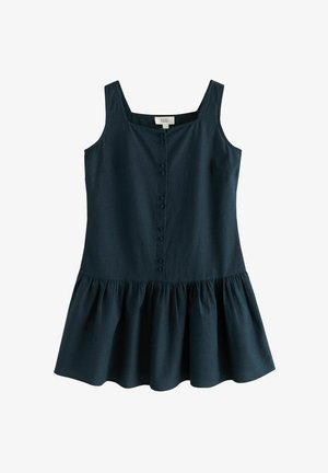 Bezrukávové tmavomodré šaty s predným zapínaním na gombíky a nahromadenou sukňou. Vyrobené z jemnej textúrovanej látky, so zavádzačom na okraji.