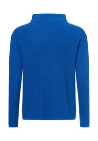 Pull bleu en tricot avec un col haut, des manches longues et une surface texturée. Conception arrière sans couture, avec des poignets et un ourlet côtelés.