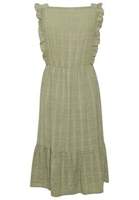 Robe midi vert sauge sans manches avec bretelles volantées, taille froncée, texture subtile à carreaux et large ourlet à volants.