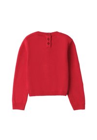 Maglione rosso lavorato a maglia con maniche lunghe, colletto e orlo a coste, con tre bottoni sul retro del collo. Texture morbida.