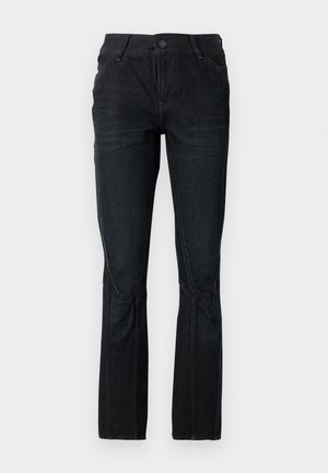 Mørke denimjeans med rette ben, med frontlommer og knaplukning. Stoffet har en glat tekstur.